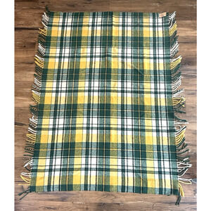 Vintage Troy Leisure Blanket Throw Fringe Plaid Green Yellow White 62 x 49 USA